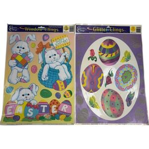 Vintage 2000 2002 Classic Window Glitter Clings 2pc Easter Eggs Bunny Reusable